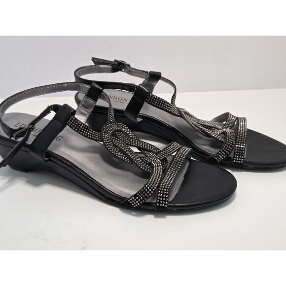 LONDON FOG Women's Kitten Heel Black Ankle Strap Sparkle Evening Sandals Size 7 - Picture 1 of 11